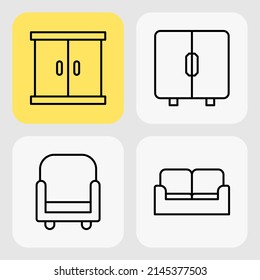 Icono de la herramienta de inicio. Amarillo. Línea. Esquema. Negro. Icono simple. Mobiliario interior. Armario, sofá