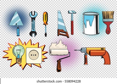 home tools and electrics, pop art set. retro vector illustration