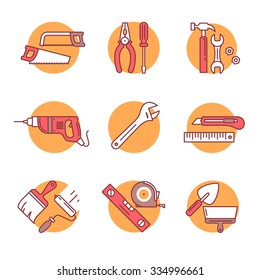 Home tools and hardware set. Thin line art icons. Flat style illustrations isolated on white.
