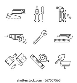 Home tools and hardware set. Thin line art icons. Linear style illustrations isolated on white.