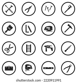 Iconos de herramientas domésticas. Diseño Plano Negro En Círculo. Ilustración vectorial.