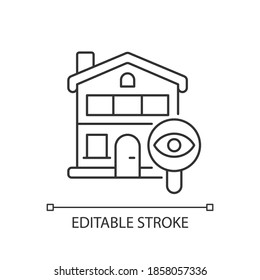 Home Tour Pixel perfekte lineare Symbol. Suchen Sie nach Gehäuse. Suchen Sie nach Hause! Wohneigentum. Dünne, anpassbare Illustration. Contour-Symbol. Vektor-einzelne Rahmenzeichnung. Bearbeitbarer Hub