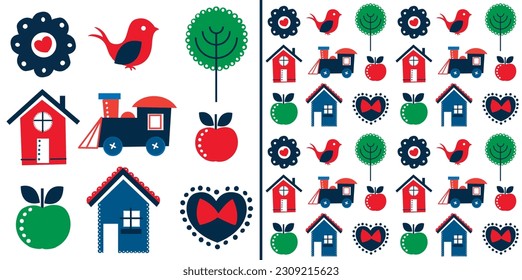 Home and train seamless pattern illustration with nature elements background