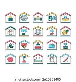 Home Training Course Collection Icons Set Vector. Cooking And Painting, Finance And Business Education Online Home Training Concept Linear Pictograms. E-learning Color Contour Illustrations
