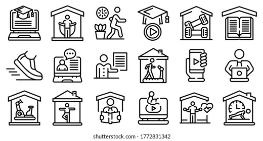 Home training icons set. Outline set of home training vector icons for web design isolated on white background