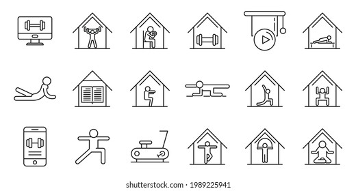 Home training icons set. Outline set of home training vector icons for web design isolated on white background