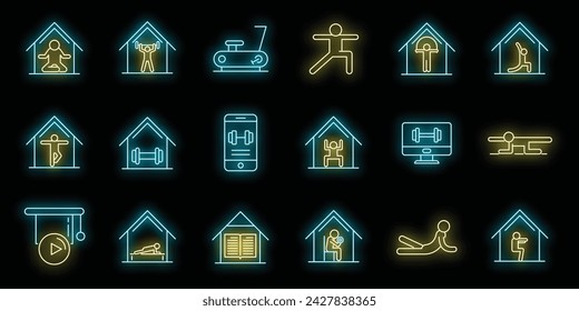 Home training icons set. Outline set of home training vector icons neon color on black