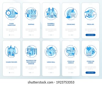 Home training online onboarding mobile app page screen with concepts set. Gym exercise substitutes walkthrough 5 steps graphic instructions. UI vector template with RGB color illustrations