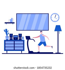Home training, workout concepts with character. People doing physical exercises and running on treadmill. Fitness and health tracking. Modern flat illustration for landing page, hero image.