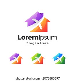 Home Travel Gradient Color Logo. Home and Plane Concept. Branding for Travel Agency, Apps Software Trip, Flight Vacation, etc. Premium Vector Logo Template Design