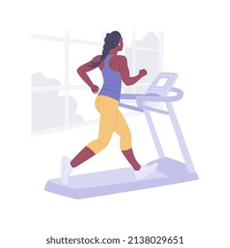Home Laufband einzeln Cartoon Vektorgrafiken Illustrationen. Muskuläre Frau, die zu Hause auf einer Laufmühle läuft, körperliche Aktivität, gesunder Lebensstil, gehen in Sport, Cardio-Training Vektorgrafik.