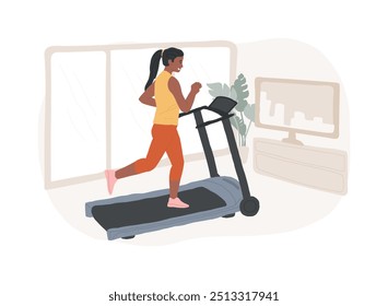 Ilustraciones vectoriales de dibujos animados aislados de la cinta de correr casera. Mujer musculosa corriendo en una cinta de correr en casa, actividad física, estilo de vida saludable, ir a practicar deportes, caricaturas de Vector de entrenamiento cardiovascular.