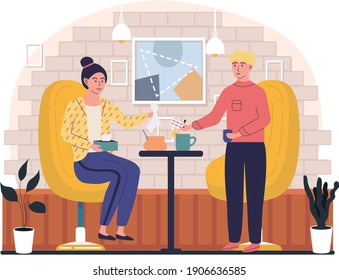 Home treatment concept. Guy with sick girl drink tea and take medicine. Man passes pills to woman. Female character has runny nose. Couple with sickness sitting in a cafe, taking care of ill friend