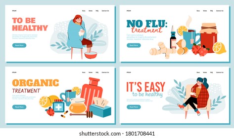 Home treatment for flu or cold virus - banner set for medical and natural healing website. Sick people and organic remedy collection, vector illustration.