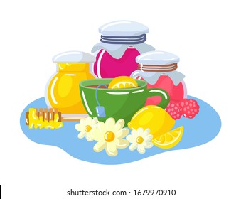 Home treatment for flu and virus isolated on white vector illustrations of cold taking care honey, chamomilla flowers and raspberry jam, lemon vitamin c. Homemade herbal tea ingredients.