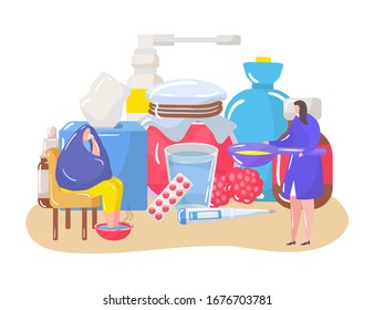 Home treatment set of vector illustrations of people suffering from cold, virus, flu and taking care of health at home. Woman prepares homemade treatment for sick man, herbal tea and cough solution.