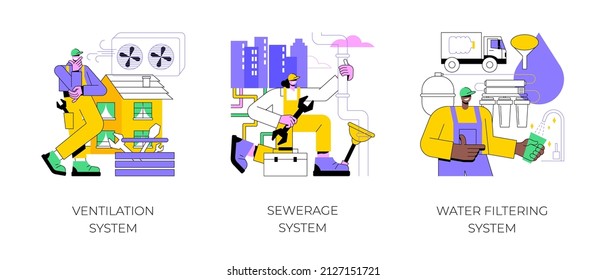 Home treatment system abstract concept vector illustration set. Ventilation and sewerage system, water filtering innovative solution, airing and cooling, house water treatment abstract metaphor.