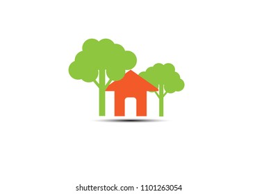 home and tree icon on white background. Vector illustration logo design template of forest and house.