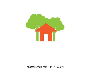 home and tree icon on white background. Vector illustration logo design template of forest and house.
