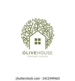 Home and tree icon.olive house logo design inspiration