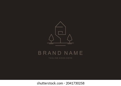 Home tree line art simple logo design vector