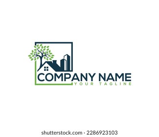 Home And Tree Natural Logo Design Concept. Creative Real Estate Vector Illustration.