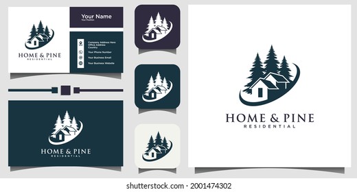 home and tree pines, spruce, cedar design illustration vector with business card template background