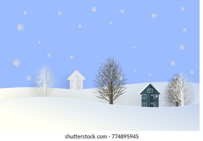 Home and Tree in white snow in paper cut style