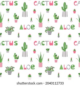 Patrón de fondo sin problemas de los árboles de origen. Ilustración vectorial con texto. Plantas en ollas brillantes. Cactus, aloe vera y equeveria en un estilo plano ideal para el papel, la tela y el fondo. Textura moderna