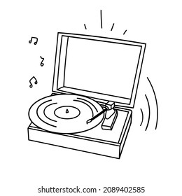 Home Turntable Record player. Vinyl turntable, gramophone. Vector illustration in doodle style isolated on background.