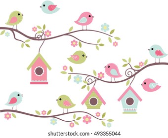 Home Tweet Home / Cute Birds on Branches with Birdhouses