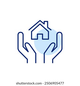 Hogar en dos manos cariñosas. Desarrollo inmobiliario y gestión de inmuebles. Icono de trazo perfecto y editable del píxel