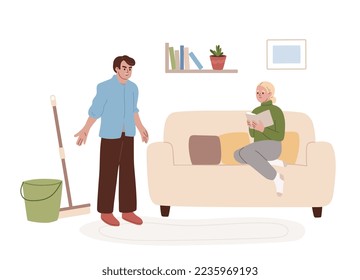 Home tyrant blaming woman for not cleaning the floor.  Controlling abusive husband yelling at wife. Domestic violence, phycological violence. Scene. Flat cartoon vector illustration.