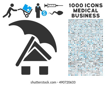 Home under Umbrella icon with 1000 medical commerce gray and blue vector design elements. Clipart style is flat bicolor symbols, white background.