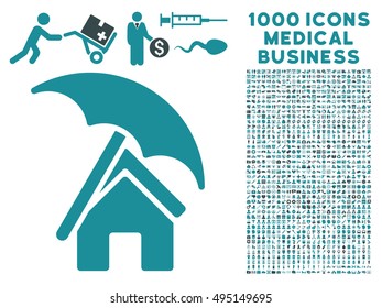 Home under Umbrella icon with 1000 medical commerce soft blue vector pictograms. Clipart style is flat bicolor symbols, white background.