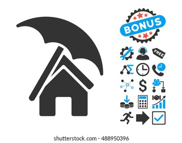 Home under Umbrella icon with bonus symbols. Vector illustration style is flat iconic bicolor symbols, blue and gray colors, white background.