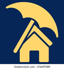Home under Umbrella icon. Vector style is flat iconic symbol, yellow color, blue background.