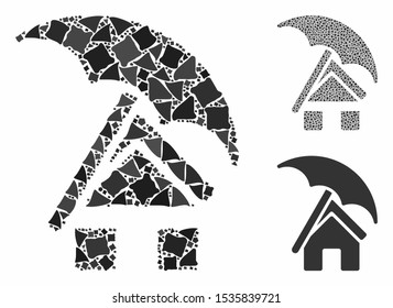 Home under umbrella mosaic of abrupt elements in variable sizes and shades, based on home under umbrella icon. Vector rugged elements are composed into mosaic.