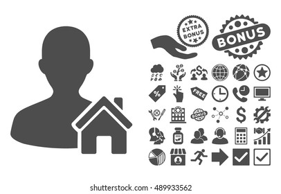 Home User icon with bonus symbols. Vector illustration style is flat iconic symbols, gray color, white background.