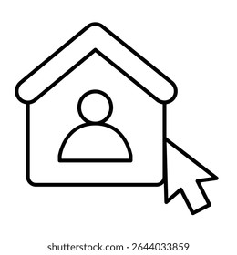 Ícone de linha fina do cursor do mouse e do usuário doméstico, conceito de trabalho remoto. Gráficos vetoriais. Casa de usuário com sinal de ponteiro do mouse no fundo branco, estilo móvel ou design