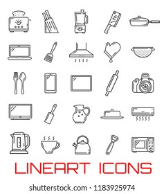 Home utensil and electronic appliance icons. Vector thin line kitchen cutlery, toaster or mixer and grate, photo camera or smartphone tablet, air conditioner and electric pot or microwave oven