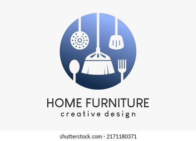 Home utensils or furniture logos, silhouettes of brooms and cutlery, frying utensils in dots
