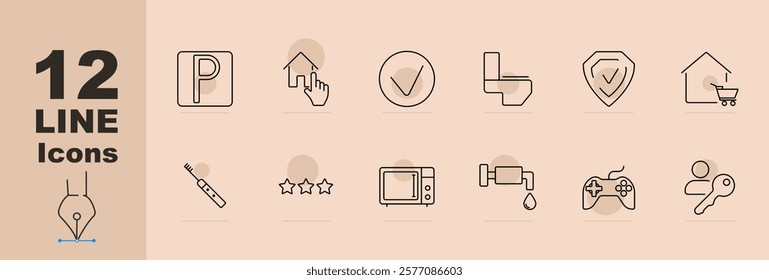 Home utilities icon Parking, house select, approval, toilet, security shield, shopping house, electric brush, star ratings, microwave, water tap, game controller, key access. Home, utilities, safety