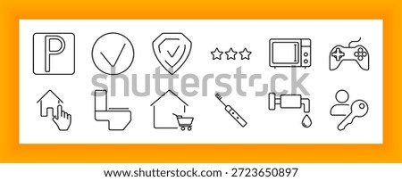 Home utility and entertainment set icon. Includes parking, security, microwave, gamepad, tap, star, toilet, toothbrush, checkout, water pipe, user, and cart icons