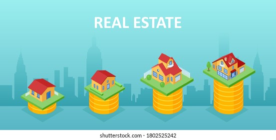 Home value concept. Vector of different houses standing on top of stacks of coins 