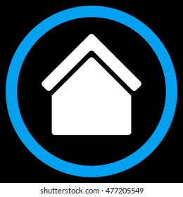 Home vector bicolor rounded icon. Image style is a flat icon symbol inside a circle, blue and white colors, black background.