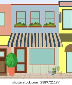 Vector de casa. Ilustración vectorial de casa. Una cafetería cómoda y sencilla. Con las macetas de flores lindas como edulcorante.