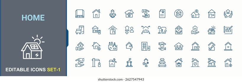 Home vector icon set. Contain linear symbols business, homepage, element, residential, page, apartment and more. House icon set. Vector icons collection. Editable stroke. Vector collection.