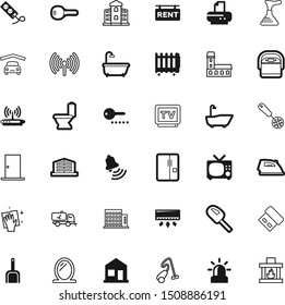 home vector icon set such as: towel, decor, sand, cream, rent, kitchenware, bank, vintage, glowing, warm, people, collection, spa, signboard, flame, plate, heater, firewood, team, printout, open
