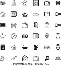 home vector icon set such as: padlock, encryption, nobody, loudspeaker, cleaner, mortgage, care, firepit, shopping, light, board, icons, emergency, click, radio, sketch, trailers, speaker, glowing